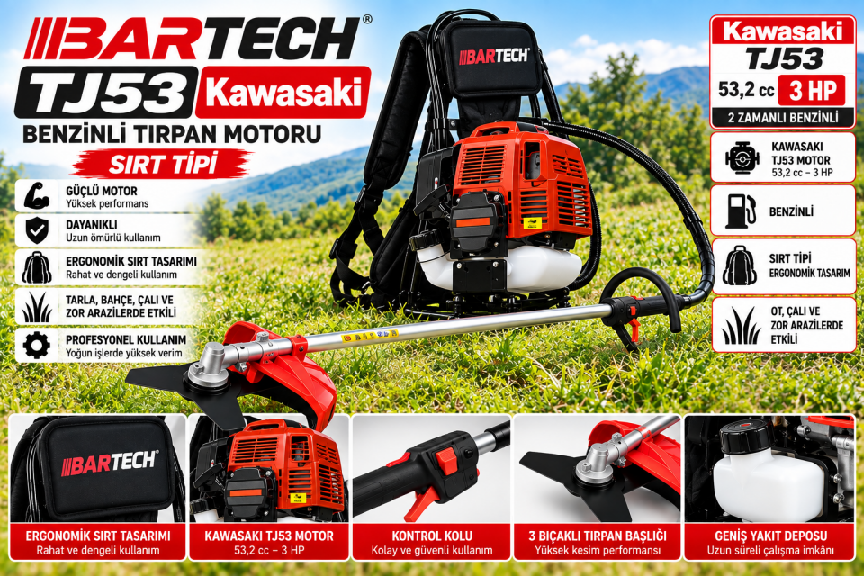 Bartech TJ53 Kawasaki 3 HP Sırt Tipi Benzinli Tırpan