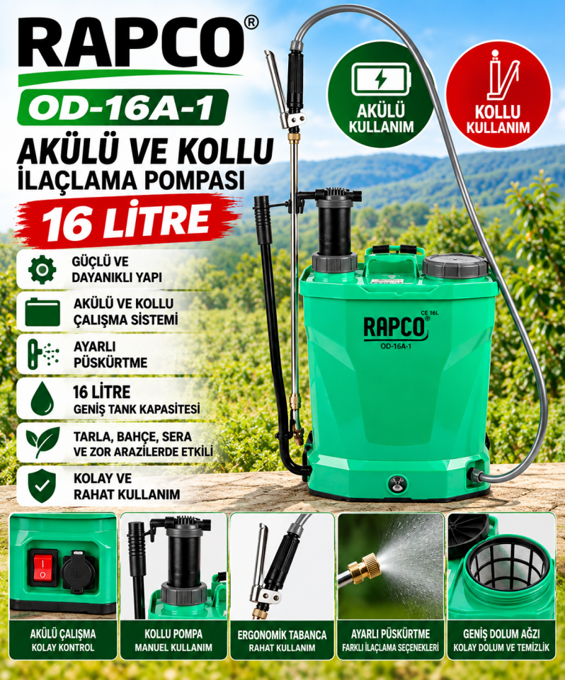 Rapco OD-16A-1 16 Litre Akülü Kollu İlaçlama Pompası