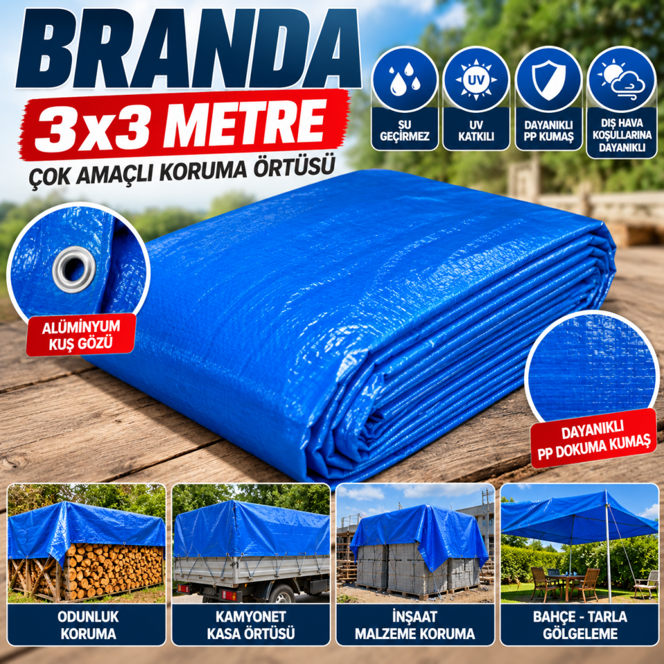 3x3 Metre Mavi Branda – Su Geçirmez UV Katkılı Örtü