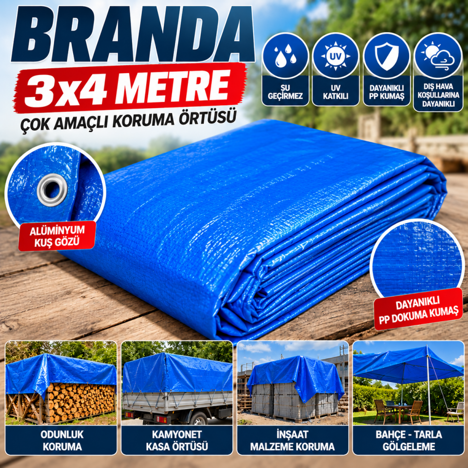 3x4 Metre Mavi Branda – Su Geçirmez UV Katkılı Örtü