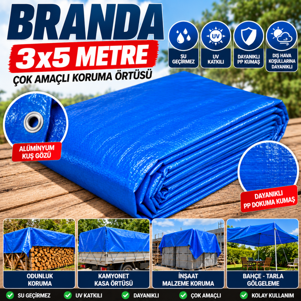 3x5 Metre Mavi Branda – Su Geçirmez UV Katkılı Örtü