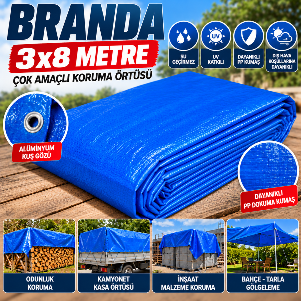 3x8 Metre Mavi Branda – Su Geçirmez UV Katkılı Örtü