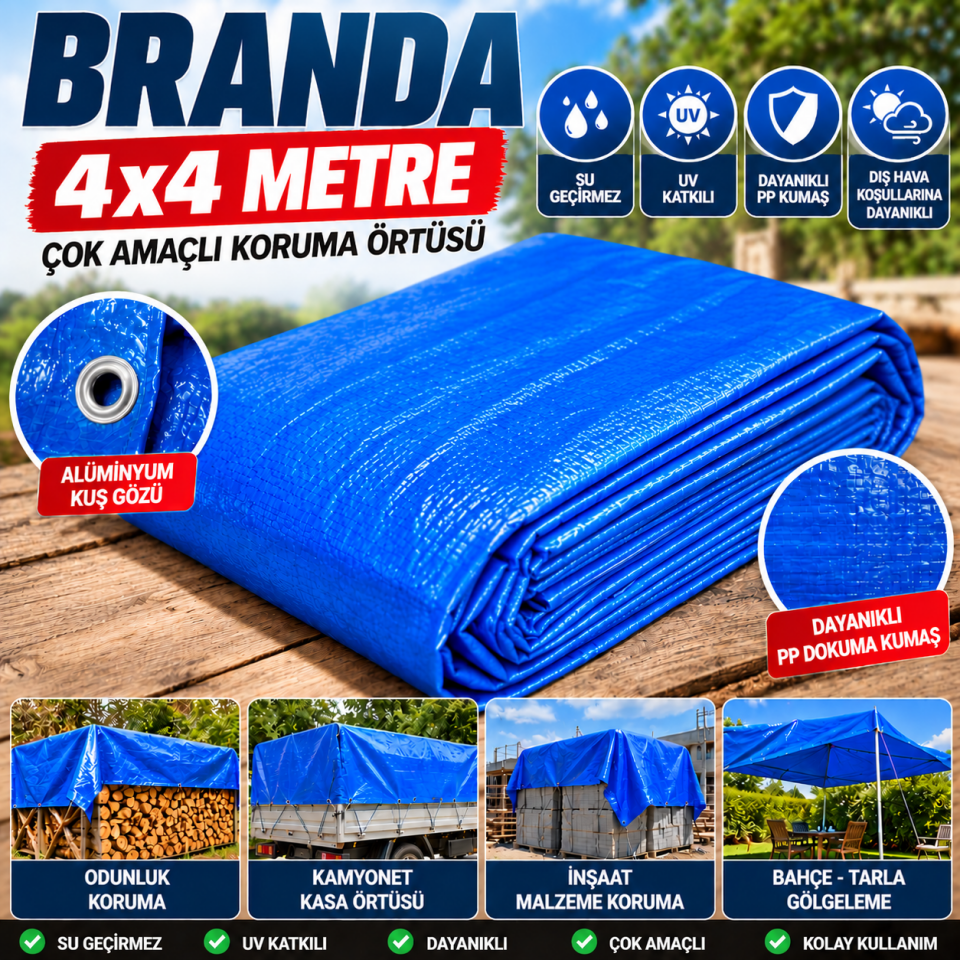 4x4 Metre Mavi Branda – Su Geçirmez UV Katkılı Örtü