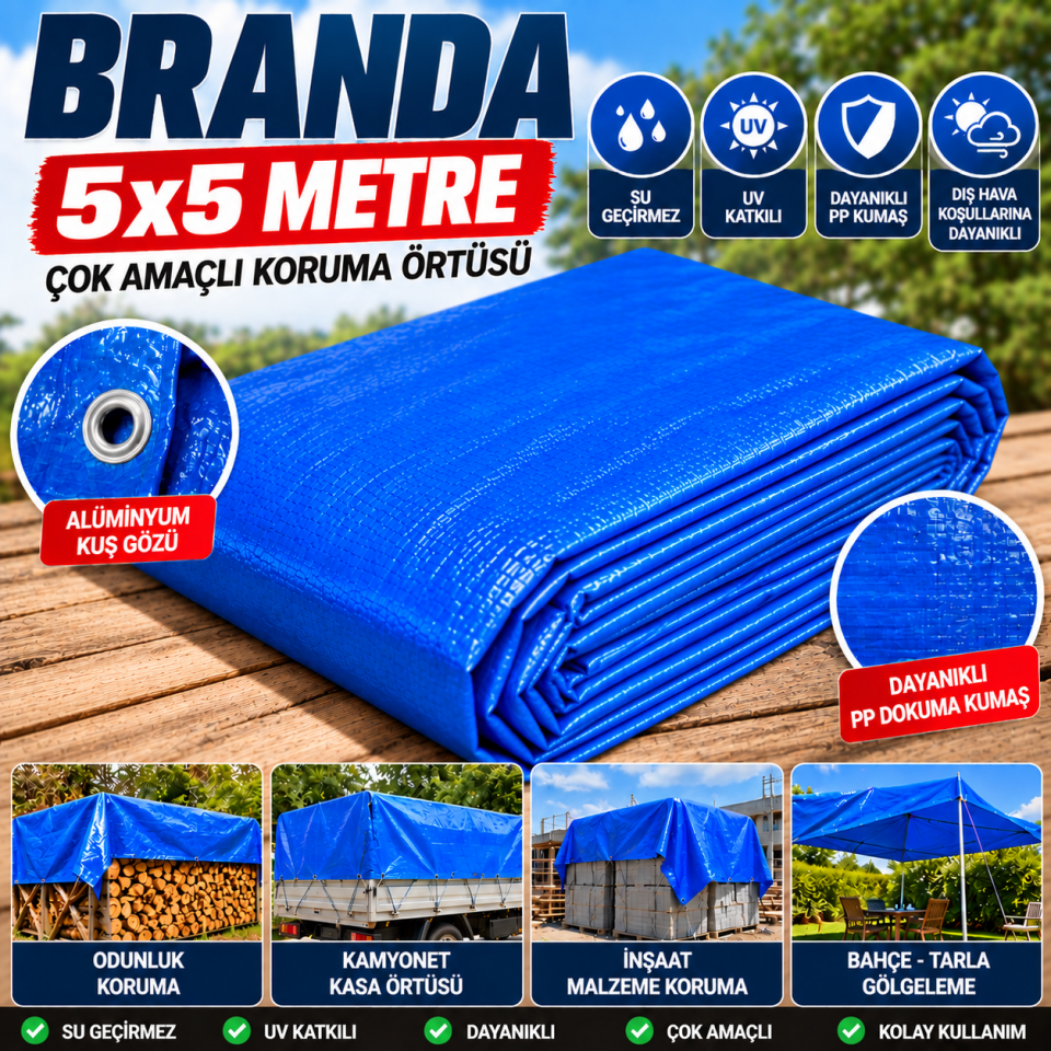 5x5 Metre Mavi Branda – Su Geçirmez UV Katkılı Örtü