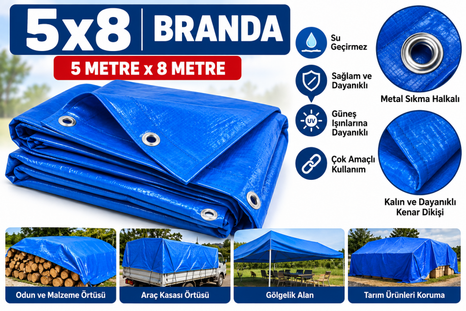 5x8 Metre Mavi Branda – Su Geçirmez Çok Amaçlı Örtü