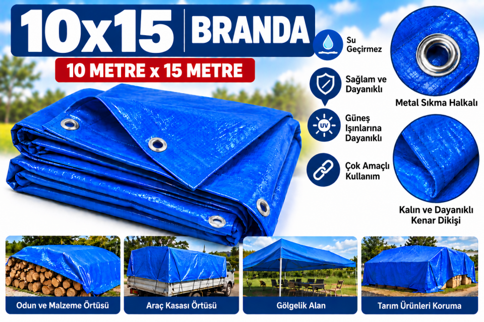 10x15 Metre Mavi Branda – Su Geçirmez Çok Amaçlı Örtü