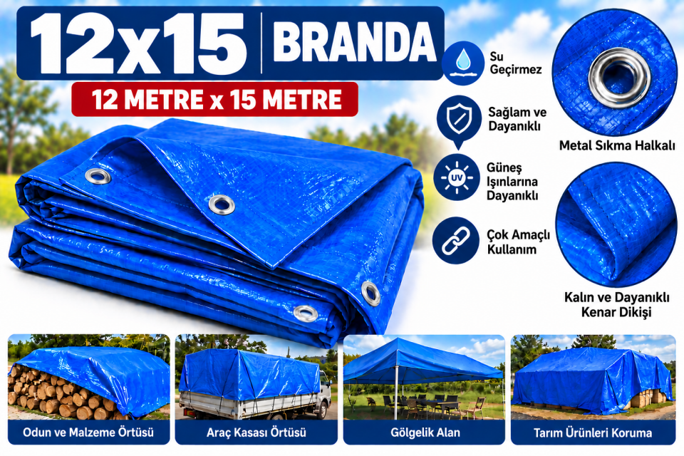 12x15 Metre Mavi Branda Su Geçirmez Dayanıklı Örtü