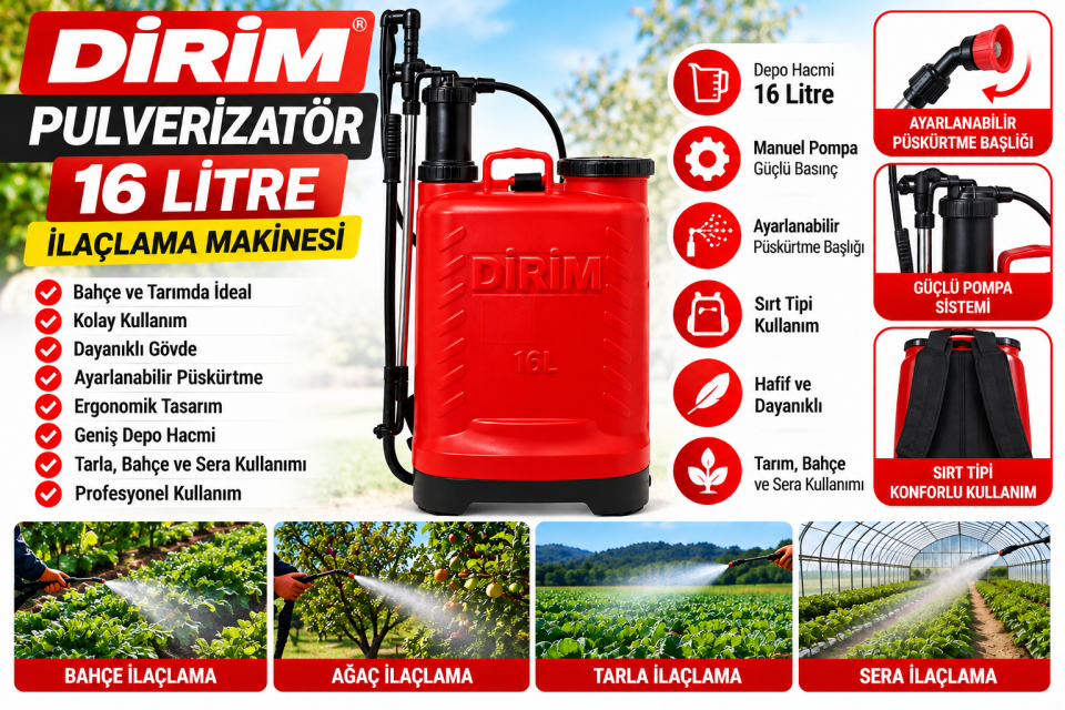 Dirim 16 Litre Kollu İlaçlama Pompası Sırt Tipi