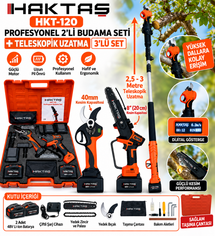 HAKTAŞ HKT-120 Akülü Budama Seti 8 İnç 2 Akülü