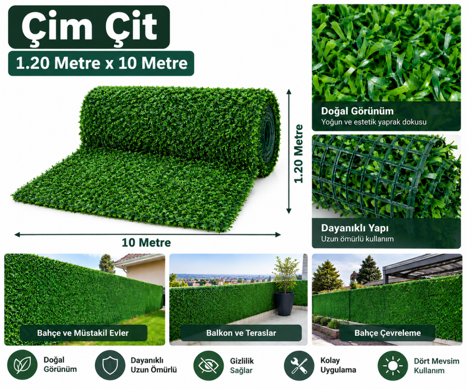 Çim Çit 120 cm x 10 Metre – Yeşil Dekoratif Bahçe Çiti