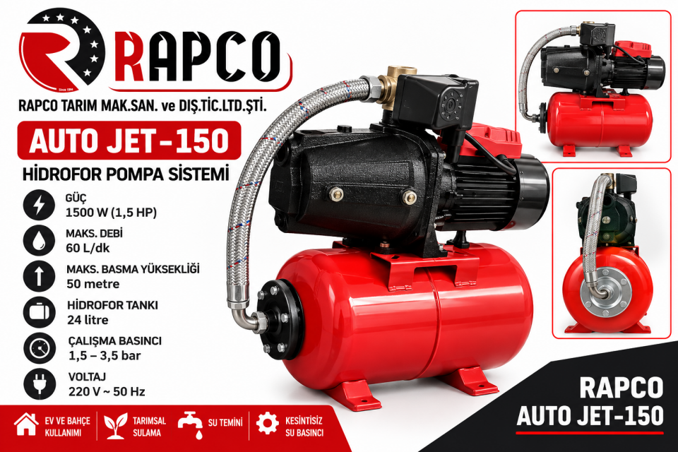 RAPCO Auto Jet-150 Otomatik Tanklı Hidrofor Su Pompası