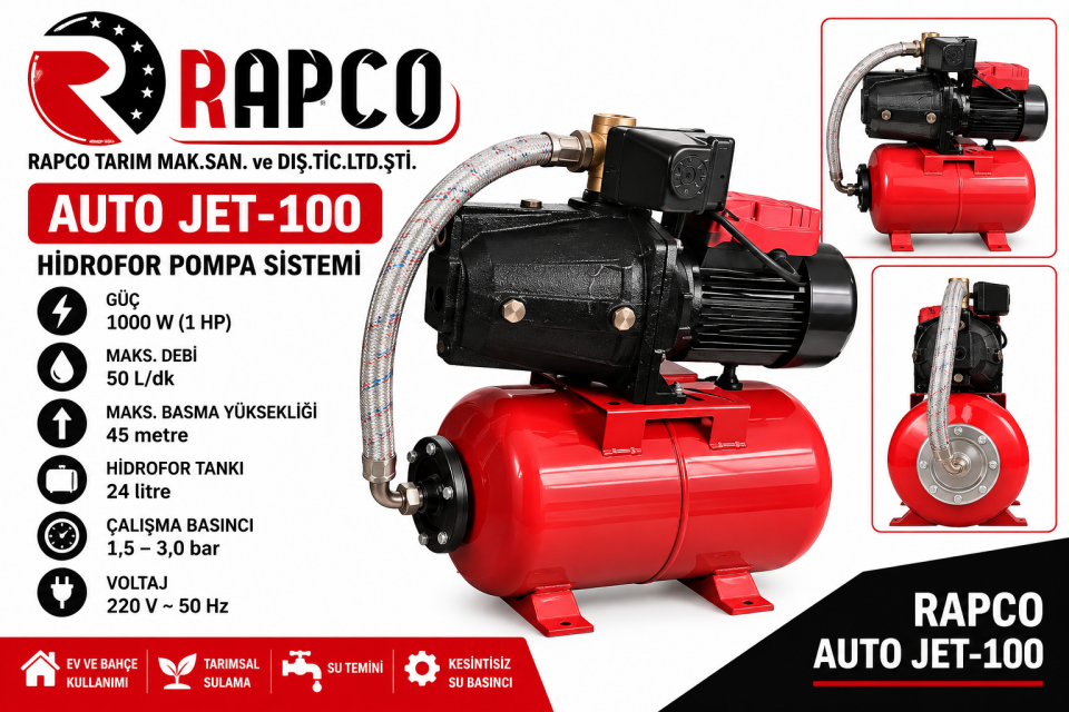 RAPCO Auto Jet-100 Otomatik Tanklı Hidrofor Su Pompası – Ev ve Bahçe