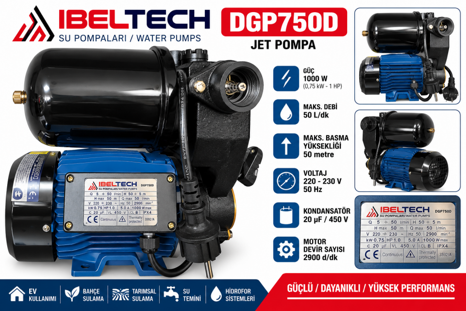 İBELTECH DGP750D 1 HP 750W Otomatik Jet Su Pompası – 50 Metre Basma Yüksekliği
