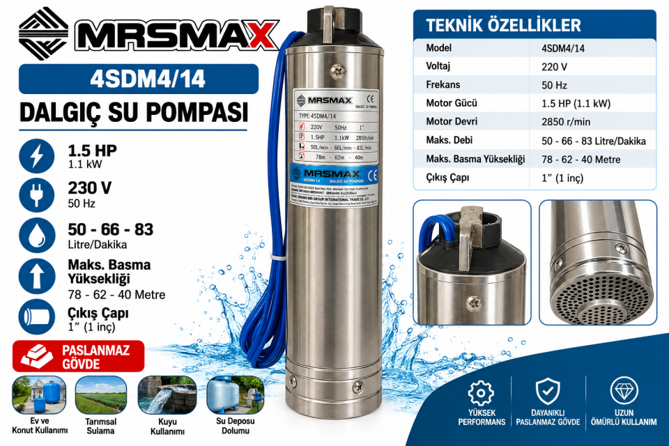 MRSMAX 4SDM4/14 1.5 HP 1100W 4 İnç Dalgıç Kuyu Su Pompası – 78 Metre