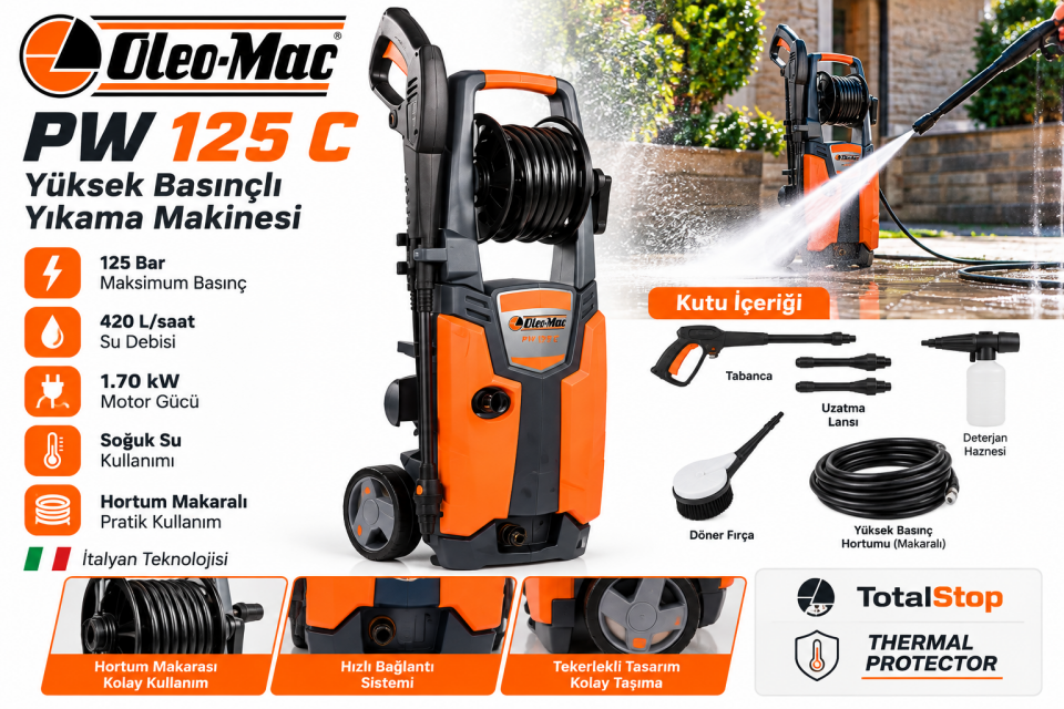 Oleo-Mac PW 125 C Yüksek Basınçlı Yıkama Makinesi – Hortum Makaralı