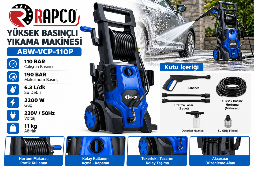 Rapco ABW-VCP-110P 190 Bar 2200W Yüksek Basınçlı Yıkama Makinesi