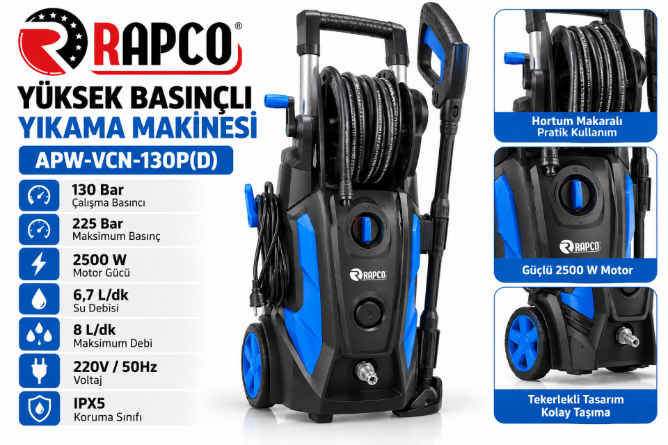 Rapco APW-VCN-130P(D) 225 Bar 2500W Yüksek Basınçlı Yıkama Makinesi
