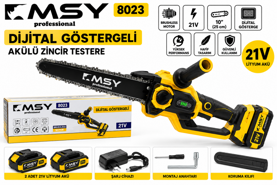 MSY 8023 21V 10 İnç Dijital Göstergeli Akülü Dal Budama Testeresi – Kömürsüz Motor