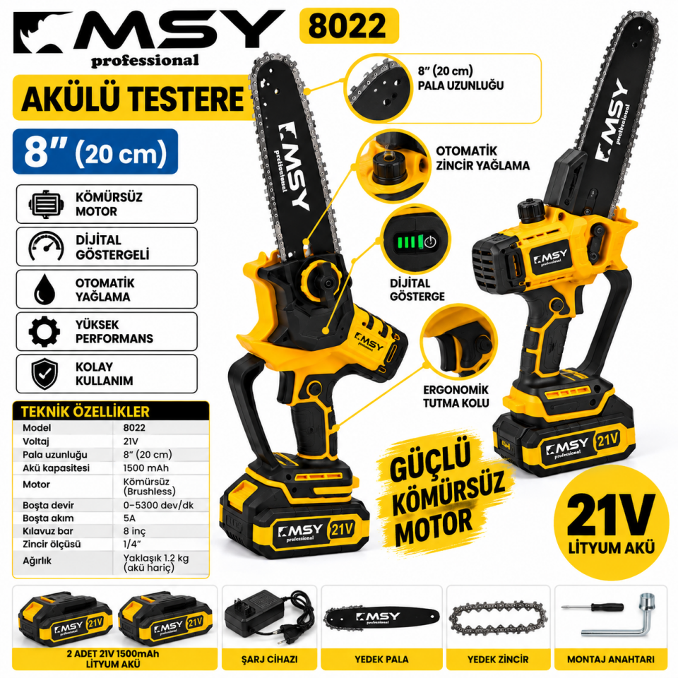 MSY 8022 21V 8 İnç Akülü Dal Budama Testeresi – Kömürsüz Motor, Otomatik Yağlama
