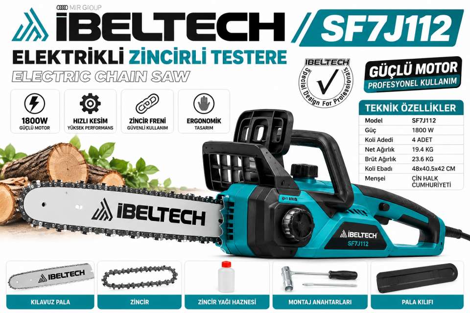 İbeltech SF7J112 Elektrikli Zincirli Ağaç Kesme Motoru – Profesyonel Testere