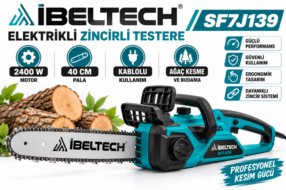 İbeltech SF7J139 Elektrikli Zincirli Ağaç Kesme Testeresi – Profesyonel