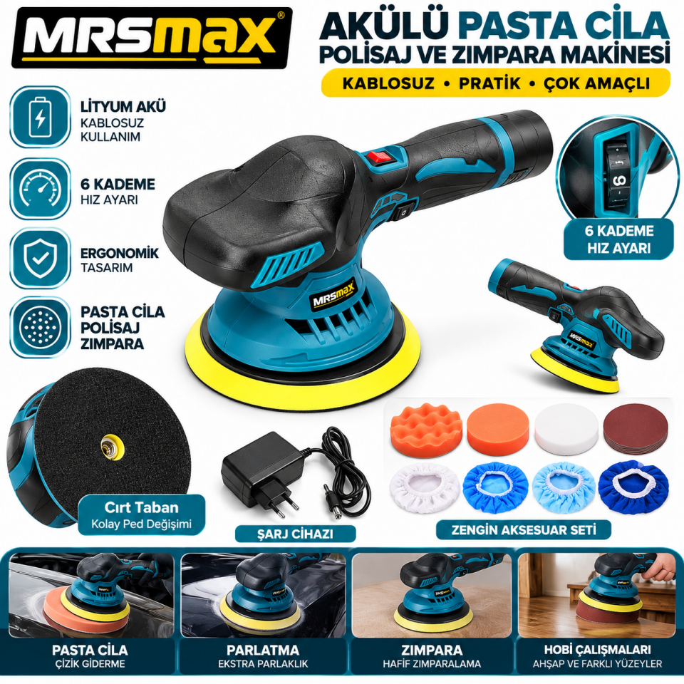 MRSmax Akülü Polisaj Pasta Cila ve Zımpara Makinesi – 6 Kademeli Hız Ayarlı