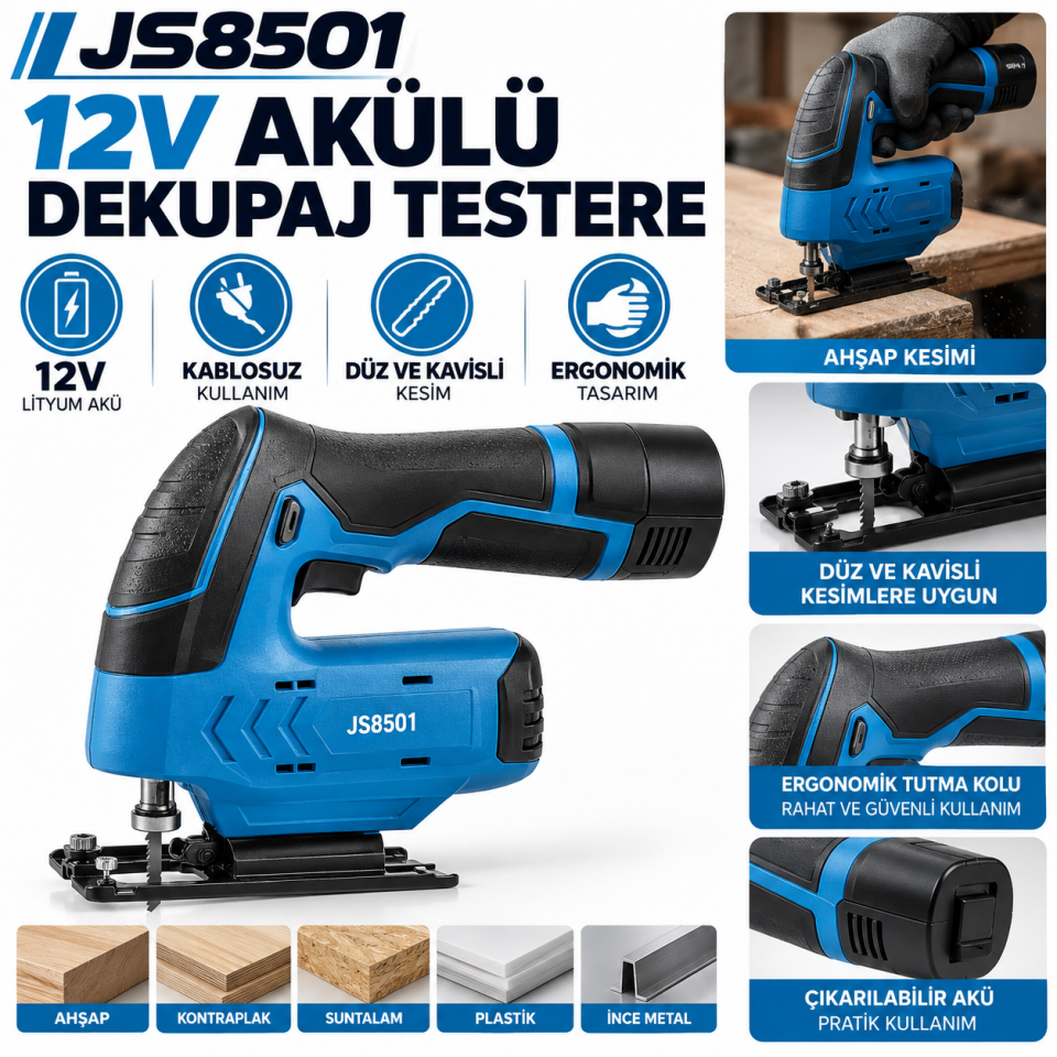 JS8501 12V Akülü Dekupaj Testere – Şarjlı Ahşap Kesme Makinesi