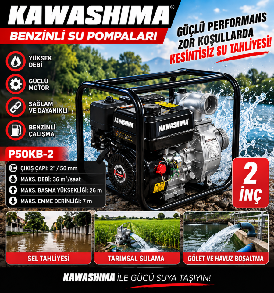 Kawashima P50KB-2 2 İnç Benzinli Su Motoru – 50 mm Yüksek Debili Su Pompası