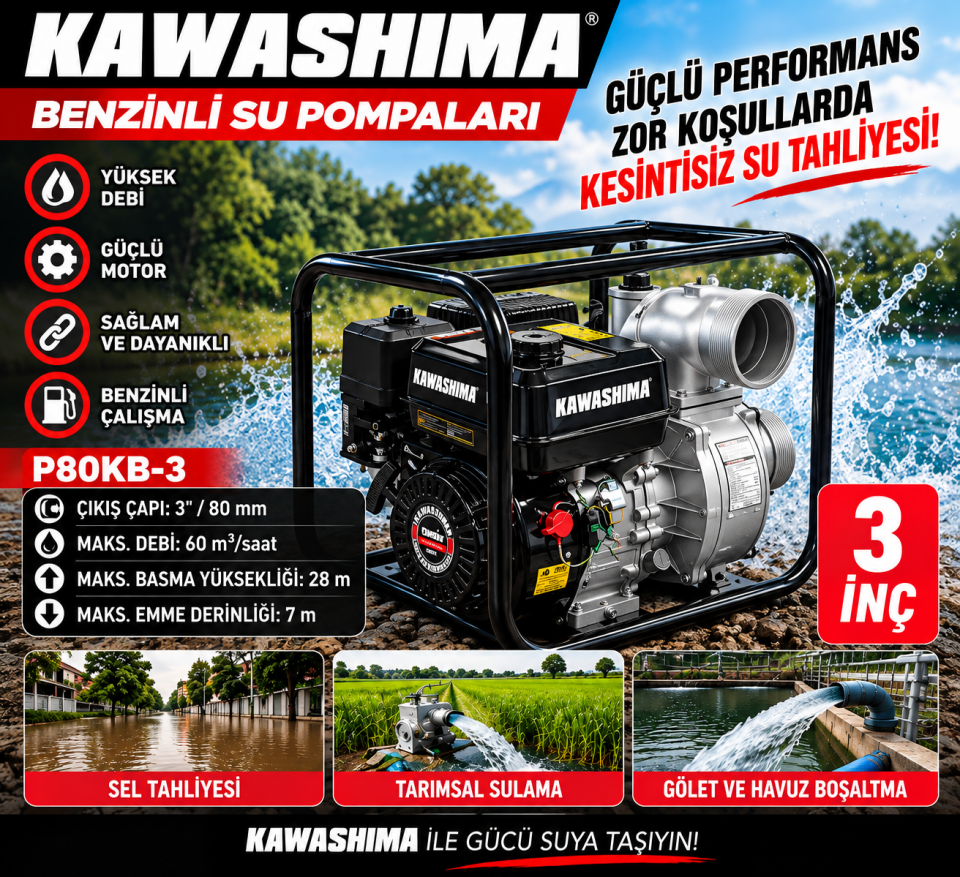 Kawashima P80KB-3 3 İnç Benzinli Su Motoru – 80 mm Yüksek Debili Su Pompası