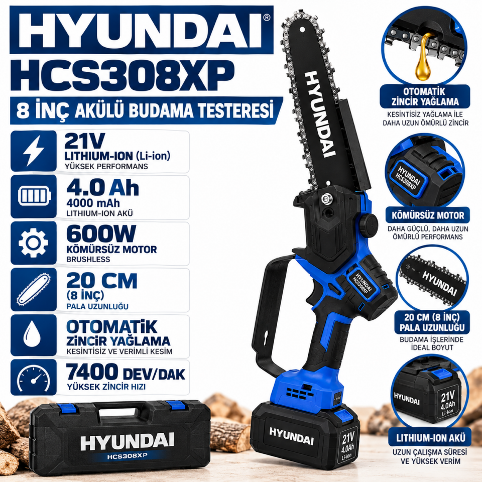 Hyundai HCS308XP 21V Lithium Akülü Testere 8 İnç 600W
