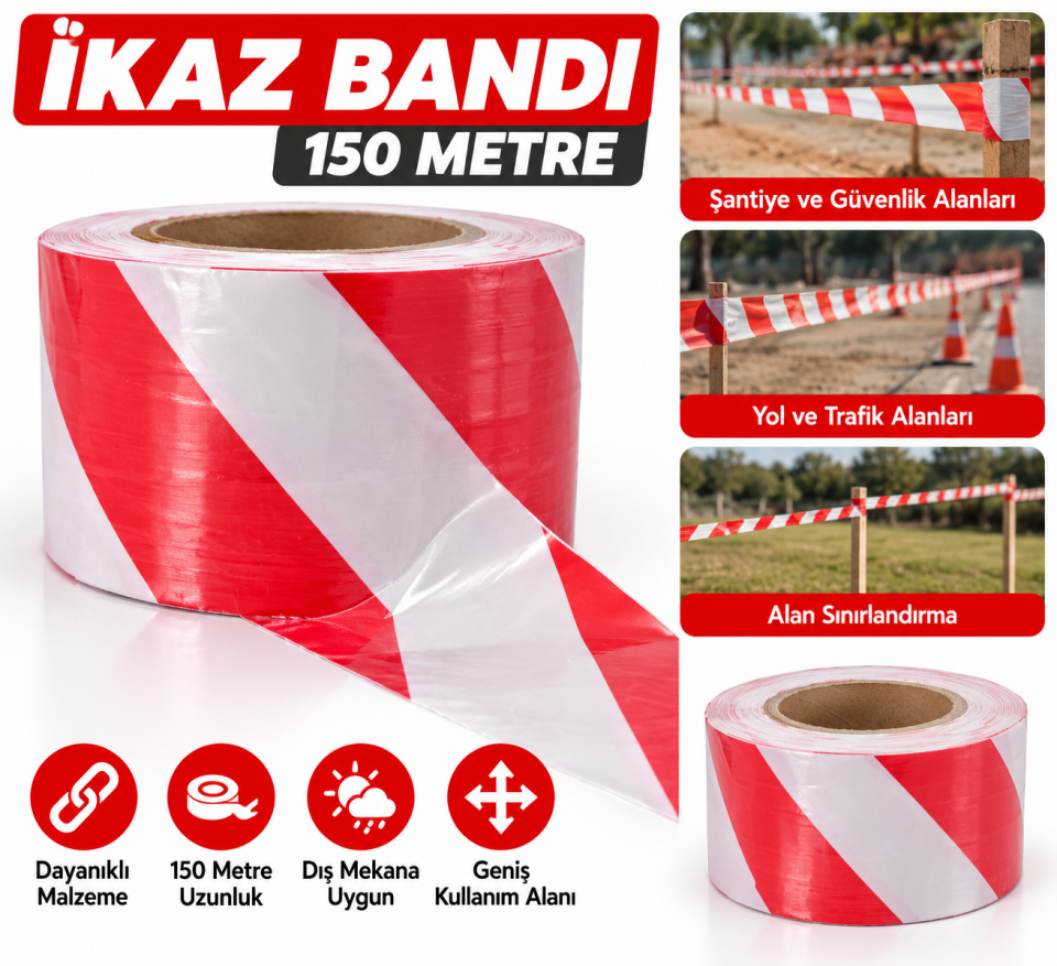 İkaz Bandı 150 Metre Kırmızı Beyaz Güvenlik Şeridi