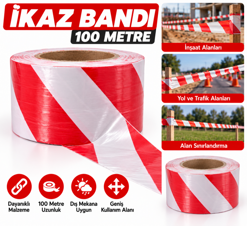 İkaz Bandı 100 Metre Kırmızı Beyaz Güvenlik Şeridi