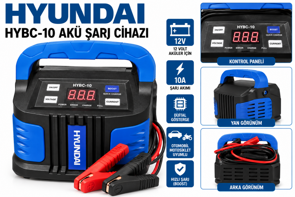 Hyundai HYBC-10 Dijital Akü Şarj Cihazı Boost Özellikli