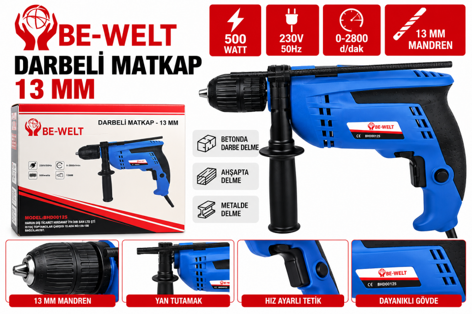 BE-WELT BHD00125 Darbeli Matkap 500W 13 mm