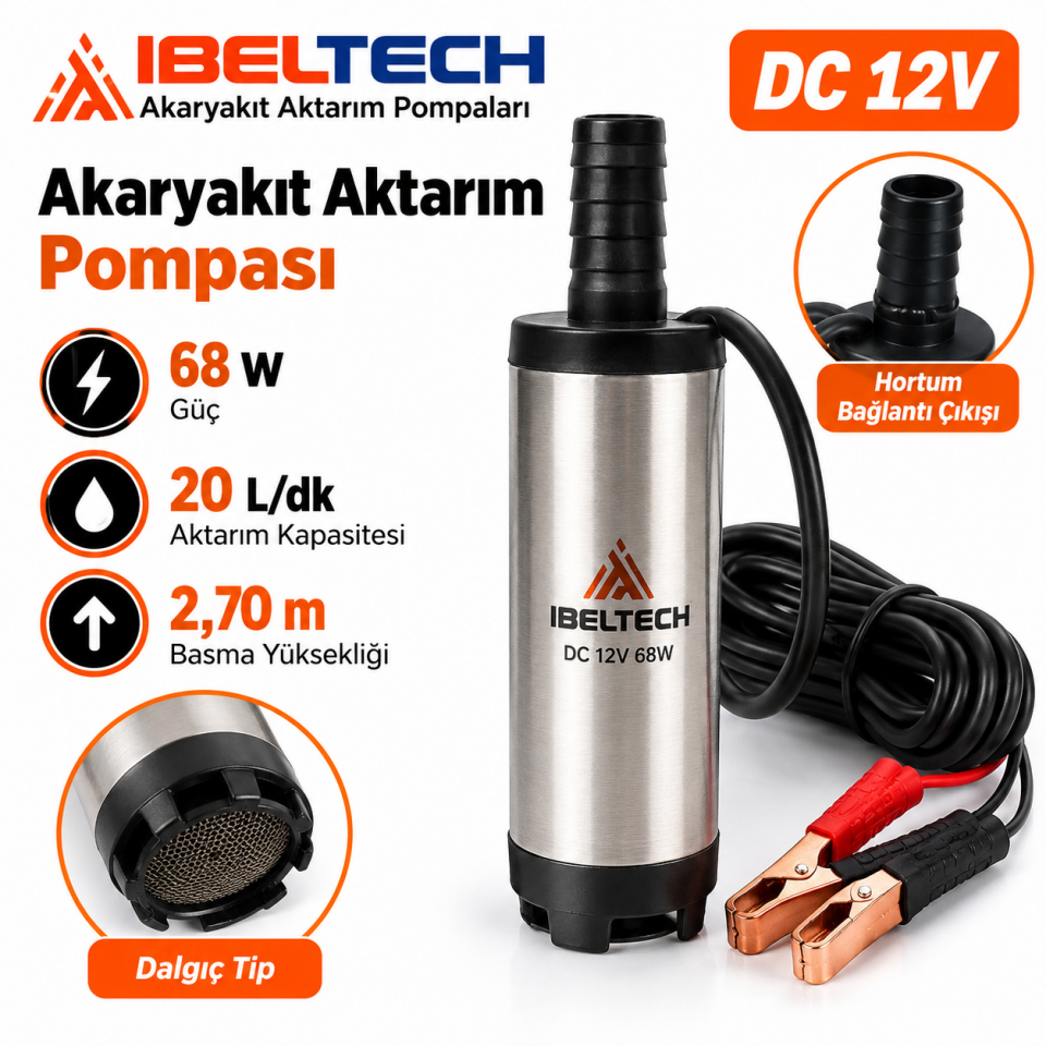 İbeltech 12V 68W Mazot ve Yakıt Aktarma Dalgıç Pompası